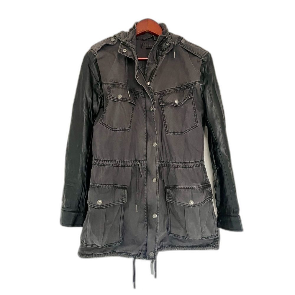 Aritzia Talula Faded Black Cotton Field Jacket w/ Pockets, Faux Leather Sleeves